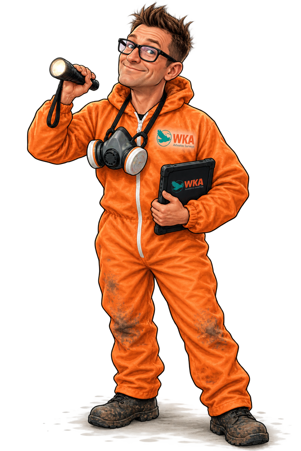 Surveying Scott in orange coveralls with torch, respirator and WKA tablet