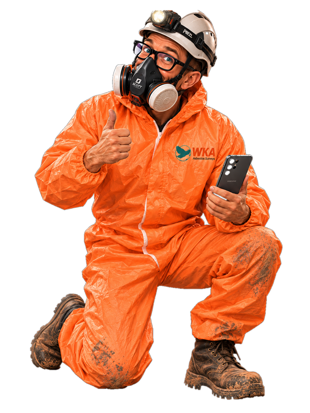Scott kneeling in orange survey overalls with respirator and head torch