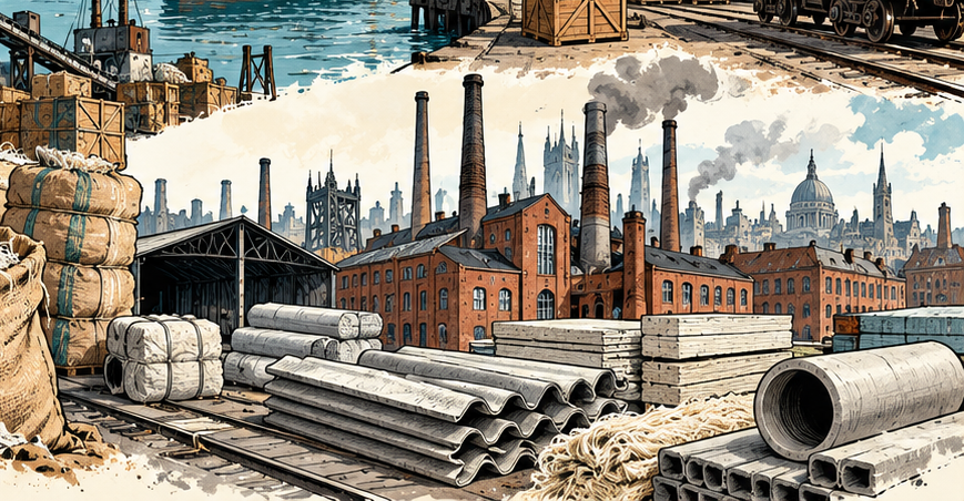Cartoon illustration of industrial Britain, factories and asbestos products