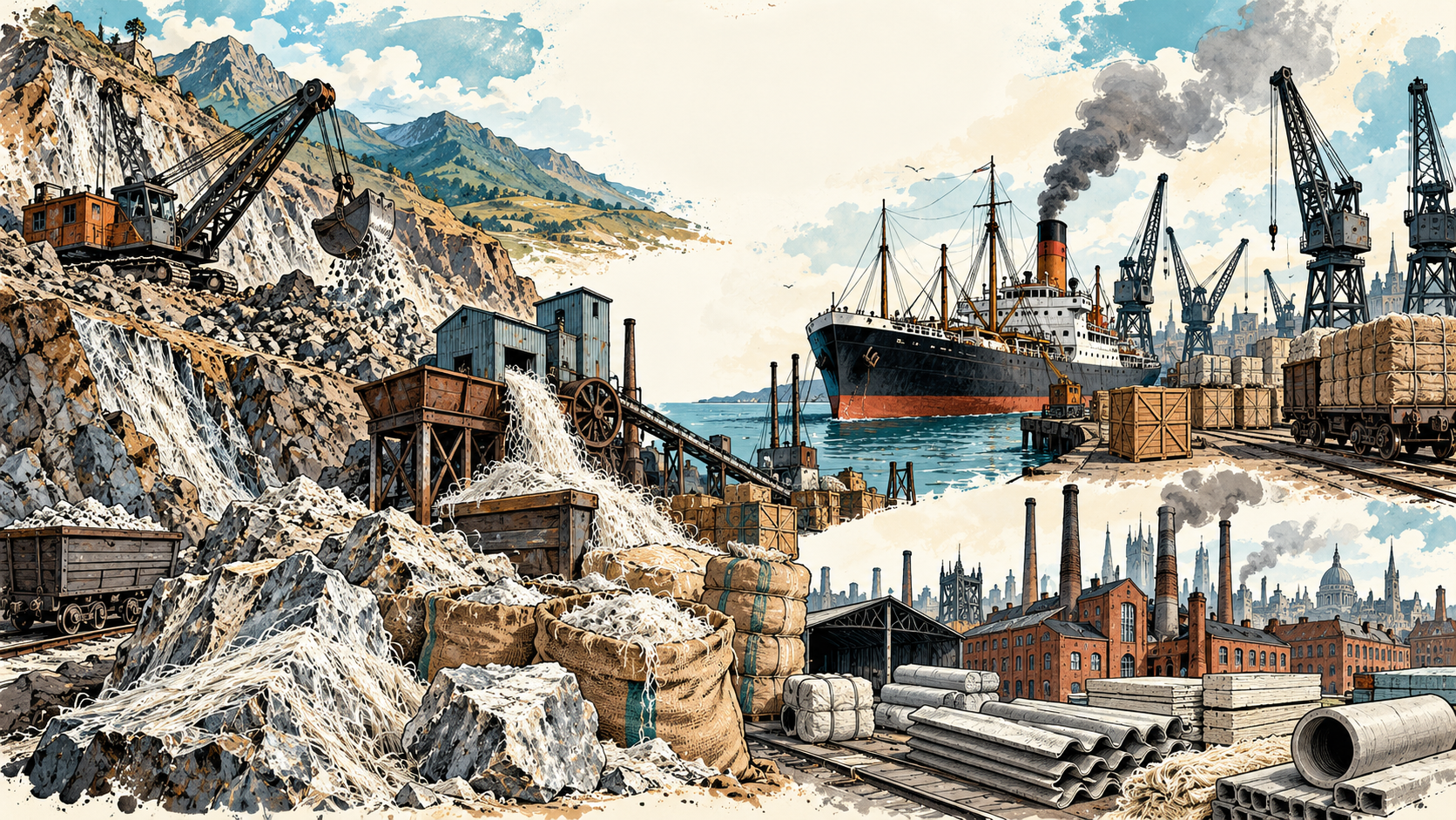 WKA illustration of asbestos mining, shipping and industrial manufacture
