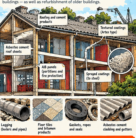 Cartoon cutaway of a post-war building showing common asbestos-containing materials