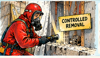 Cartoon of controlled asbestos removal in red overalls and full-face respiratory protection